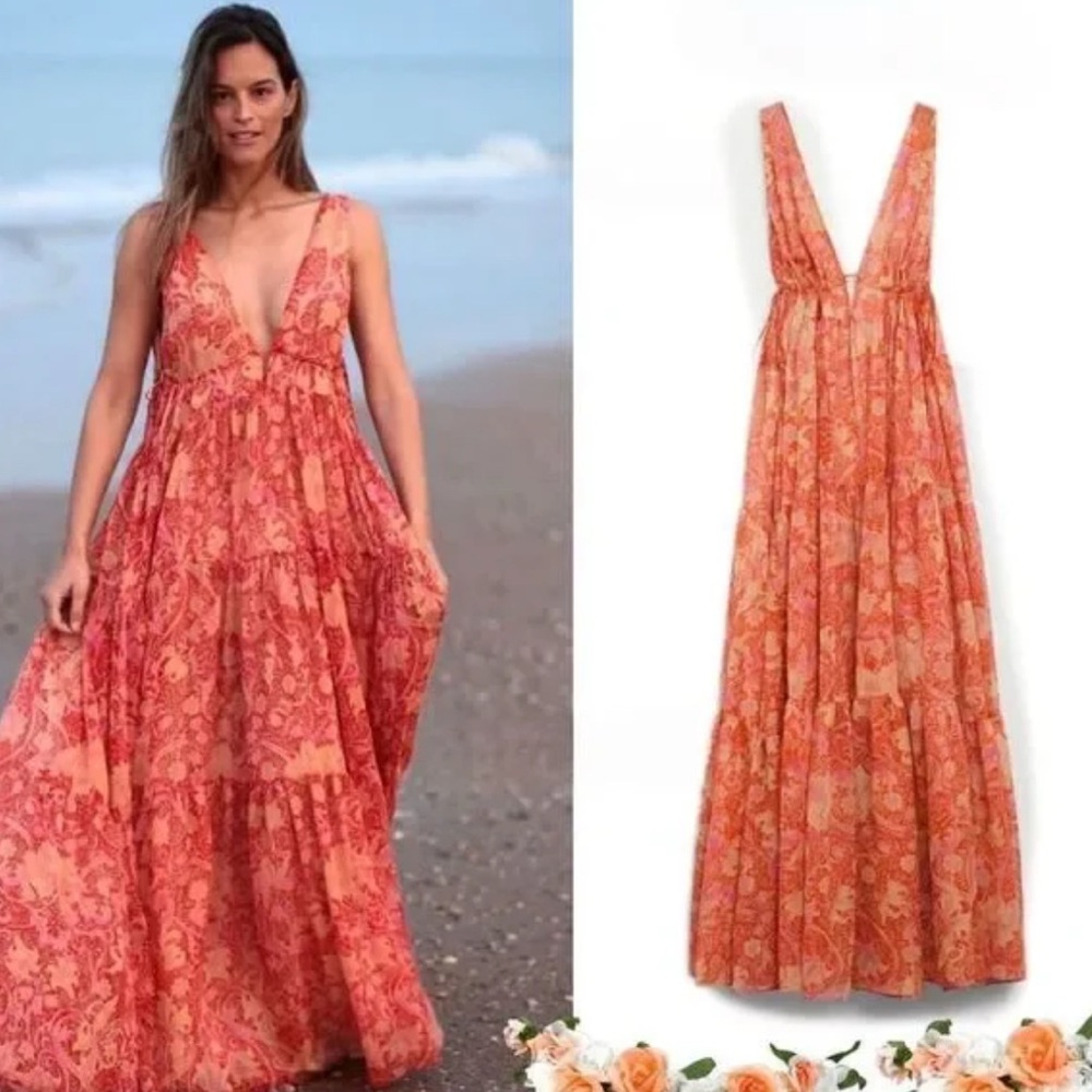 Chufy X Mango Red and Orange Floral Maxi Dress - XS NEVER WORN